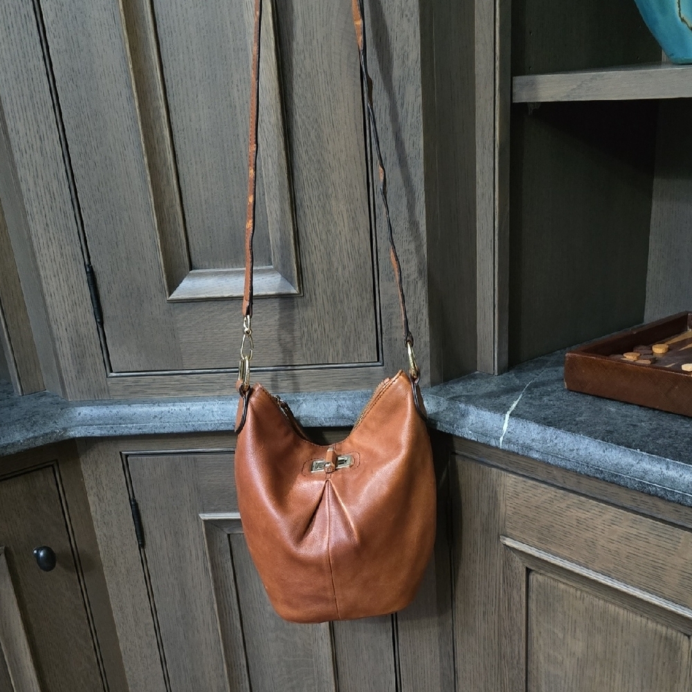 B. Makowski Brown Leather Crossbody Hobo Bag - Picture 2 of 11